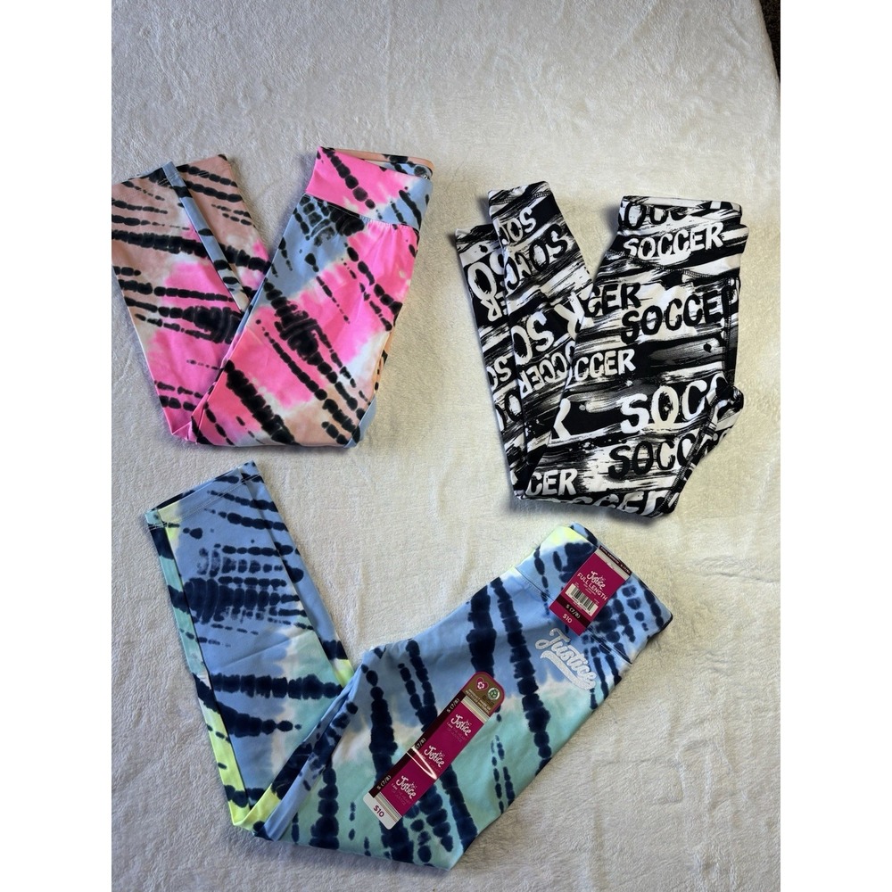 Justice Girls Lot Of 3 Leggings Tie-dye /Soccer Vibrant Colors Size Small NWT